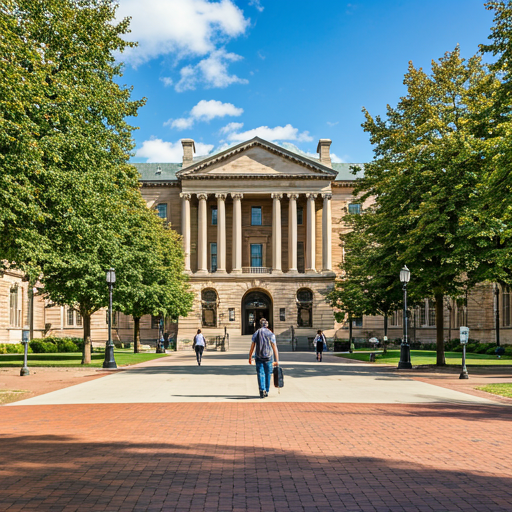 Students walking on a historic university campus with grand architecture