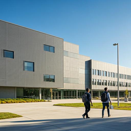 modern university campus building exterior with students walking