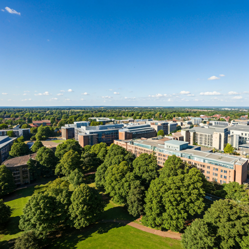 aerial view of Coventry University campus buildings with lush green trees and clear blue sky during a sunny day