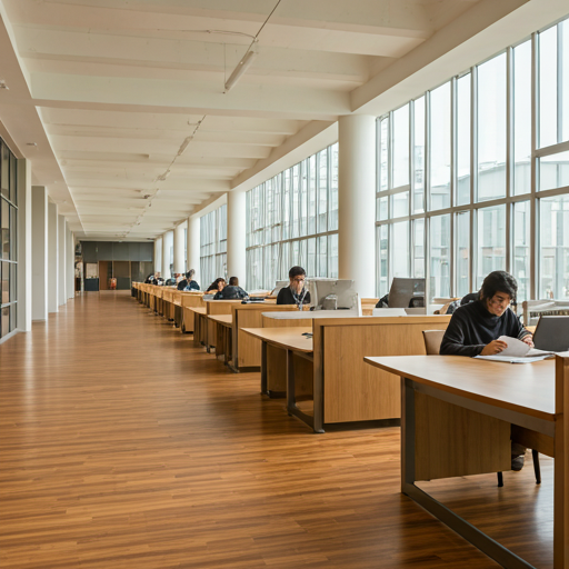 modern university library interior with students studying at sleek wooden desks under bright natural light